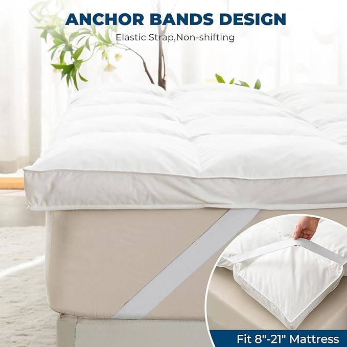 Goose Down Feather Mattress Topper,Queen Down Mattress Protector Cover with Straps,Plush Soft Fluffy Baffled Pillowtop,Hypoallergenic Featherbed Cooling Pad All-Season Luxury(60x80 inch)