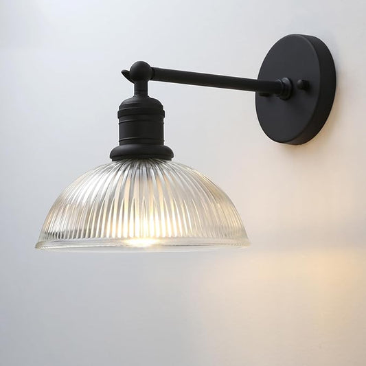 Yosoan Indoor Wall Sconce with Striped Shade, 1-Light Modern Vanity Light Vintage Industrial Single Lamp Hardwired Clear Striped Bowl Glass Shade for Living Room Kitchen Bedroom Home Decor(Black)