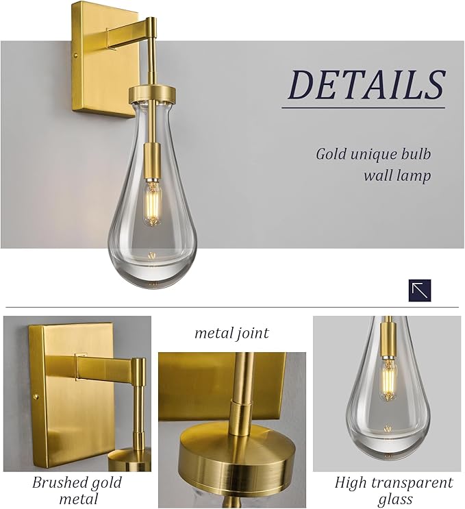 Raindrop Wall Sconces Set of Two Gold Sconces Wall Decor Modern Brass Wall Lighting Glass Bathroom Sconces Indoor Vanity Light Wall Lamp for Bedroom Living Room Stair