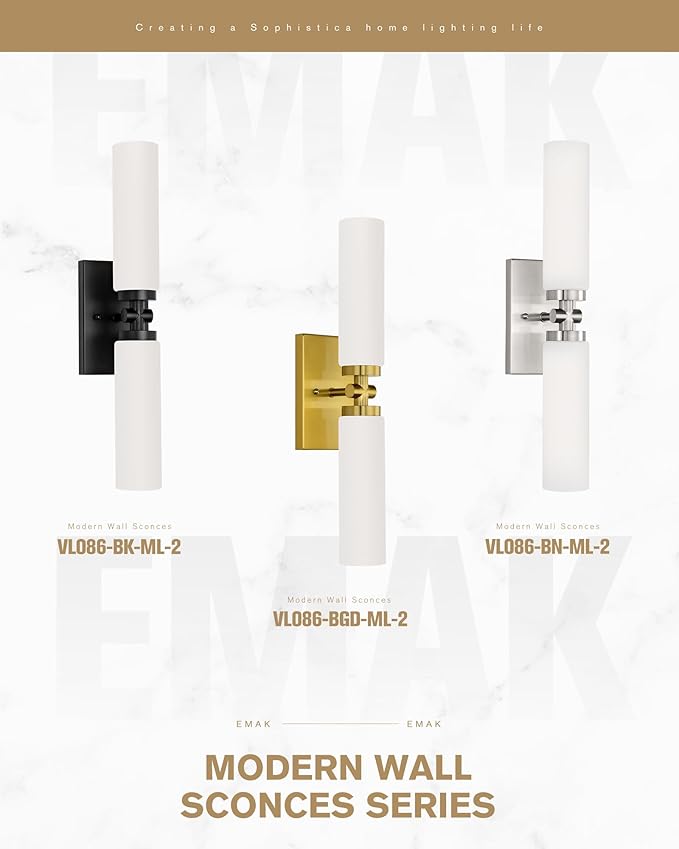 Emak 21 Inch Brushed Gold Bathroom Light Fixtures, 2-Light Vanity Lights with Milk Glass Shade, Modern Wall Sconce for Bathroom, Mirror, VL086-BGD-ML-2