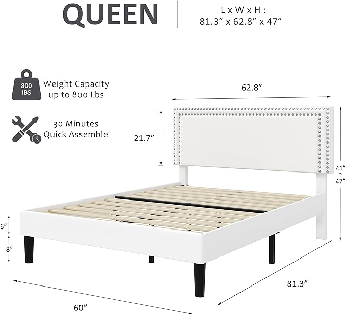 VECELO Queen Size Bed Frame with Adjustable Upholstered Headboard, Wooden Slats Platform, Noise-Free Design, Easy Assembly