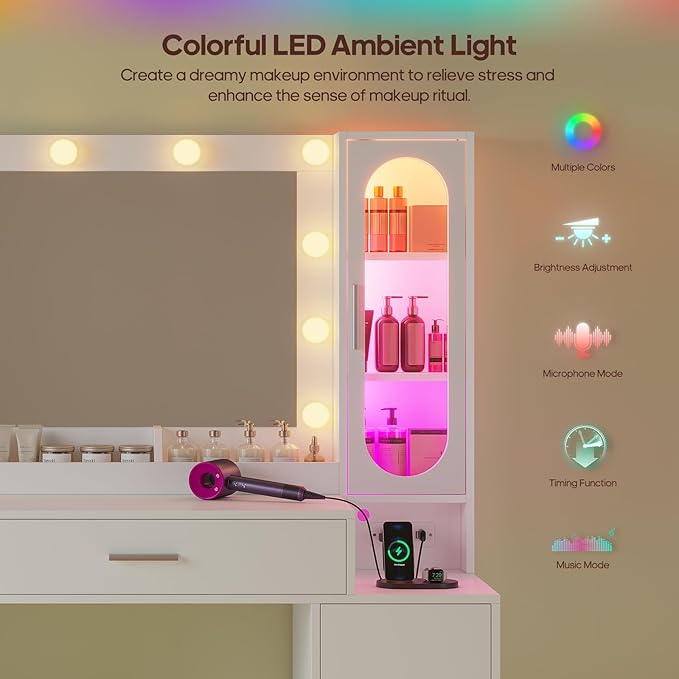 Makeup Vanity Desk with Large 31.5" Mirror and Lights, 46.1" Vanity with RGB Lights & Charging Station, Vanity Table with 6 Drawers & Cabinet & Shelves, White
