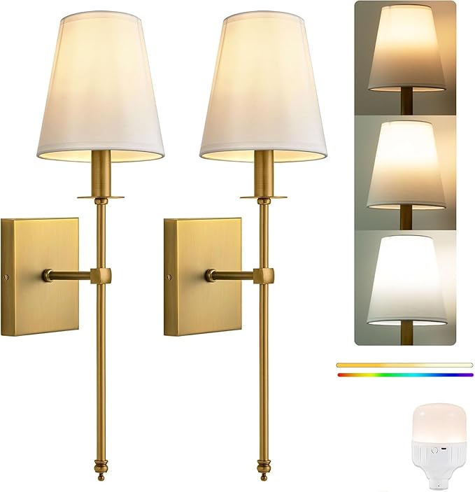 Battery Operated Wall Sconces Sets of 2,Brass Rechargeable Wall Lighting, 6000mAh Dimmable Detachable Bulbs and Remote Wall Lamp No Wiring for Bedroom Hallway ﻿