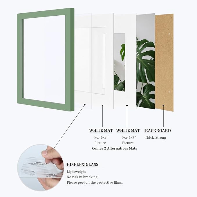 Egofine 9x12 Picture Frame Made of Solid Wood Covered by Plexiglass, Wood Frame for Pictures 5x7/6x8 with Mat or 9x12 without Mat, Tabletop and Wall Mounting Display, Green