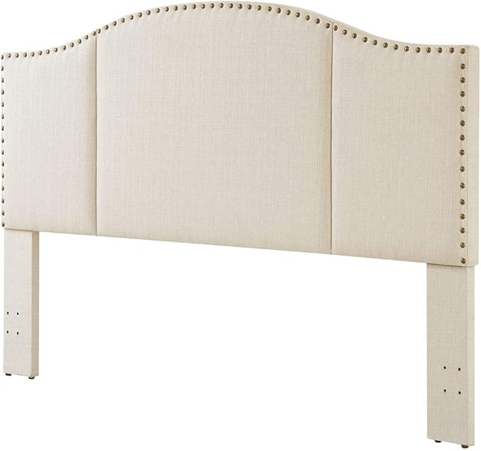 24KF Middle Century Linen Upholstered Tufted King Size Headboard with Antique Brass Nail Heads Trim King/California King headboard-Ivory