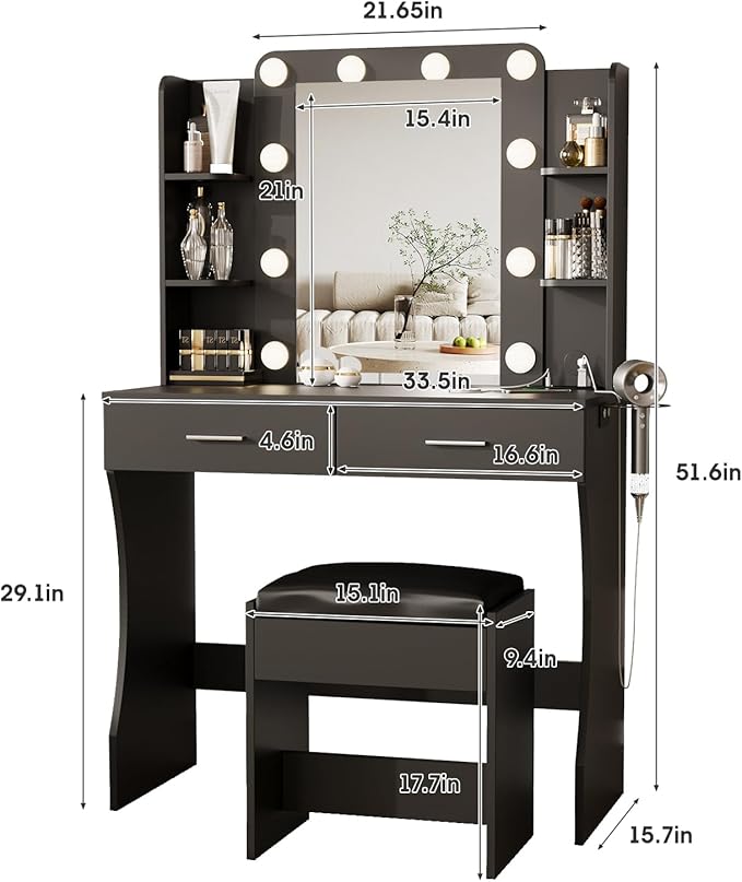 Maupvit Vanity Desk with Mirror and Lights,Makeup Vanity Table Set with Power Outlet,3 Lighting Modes & Adjustable Brightness Dressing Table with 2 Drawers for Bedroom Dressing Room,Black