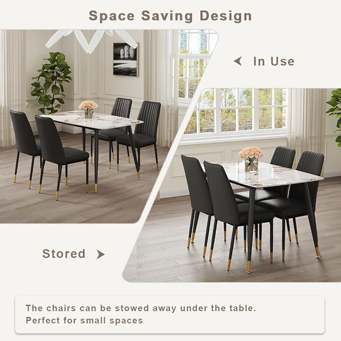 5 Pieces Modern Sintered Stone Dining Table Set 50" Rectangular Faux Marble Tabletop Kitchen Table with 4 PU Leather Chair Dinner Table Set(1Faux Marble Table+4Black Chairs)