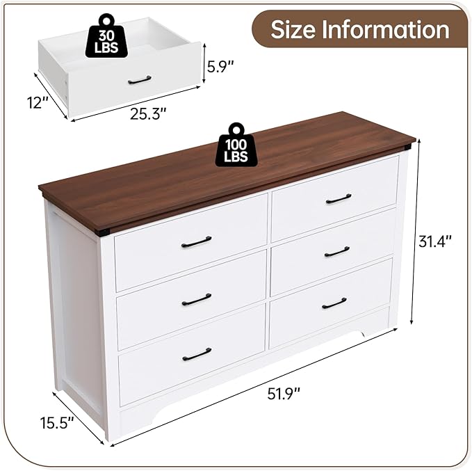 Farmhouse 6 drawer dresser for bedroom, 51" Wide chest of drawers, Wood white dresser with Metal Handle and Anti-Tipping Device, Storage Dressers Organizer for Bedroom, Living Room, Hallway, White