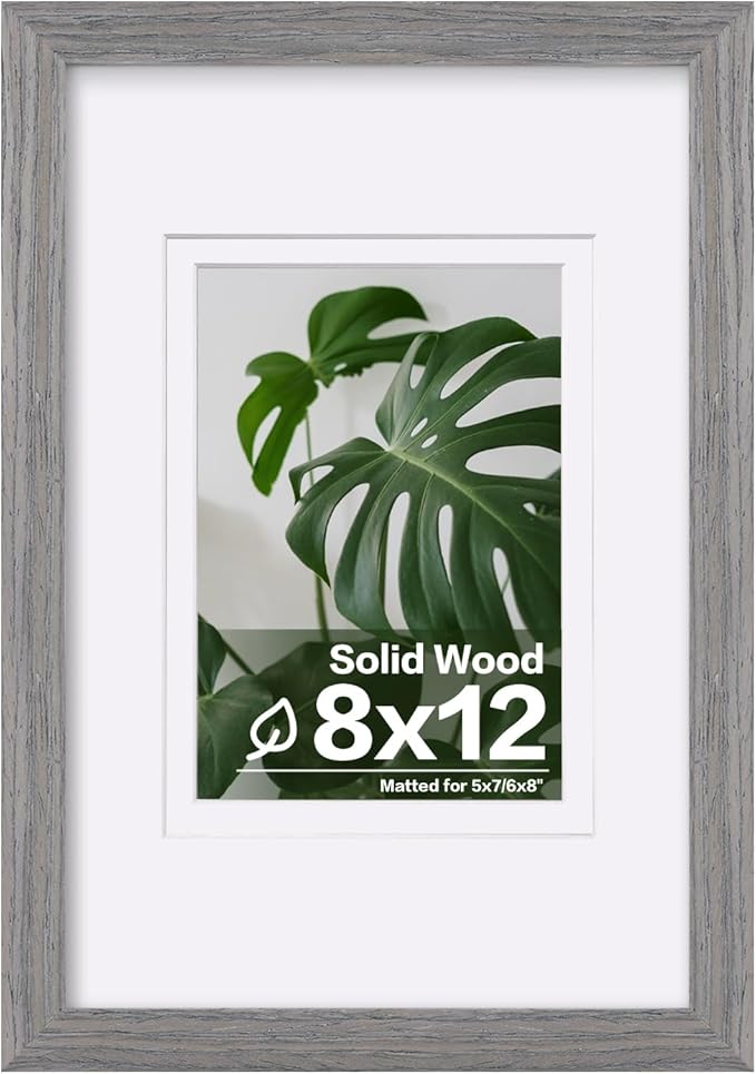 Egofine 8x12 Picture Frame Made of Solid Wood with Plexiglass, Display Pictures 5x7/6x8 with Mat or 8x12 Without Mat for Tabletop and Wall Mounting, Oak Grey