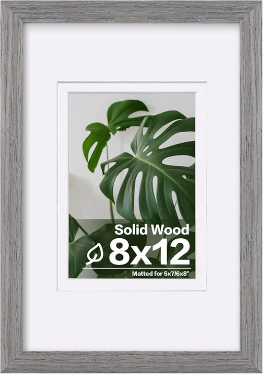 Egofine 8x12 Picture Frame Made of Solid Wood with Plexiglass, Display Pictures 5x7/6x8 with Mat or 8x12 Without Mat for Tabletop and Wall Mounting, Oak Grey