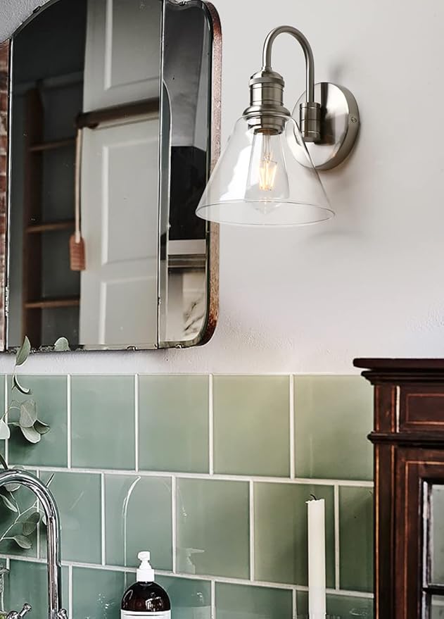 Yosoan 1-Light Brass Modern Vintage Indoor Wall Sconce, Vanity Single Luxury Hardwired Retro Textured Clear Funnel Flared Glass Shade with Industrial Gooseneck Curved Rod Bathroom Lamp(Brushed)