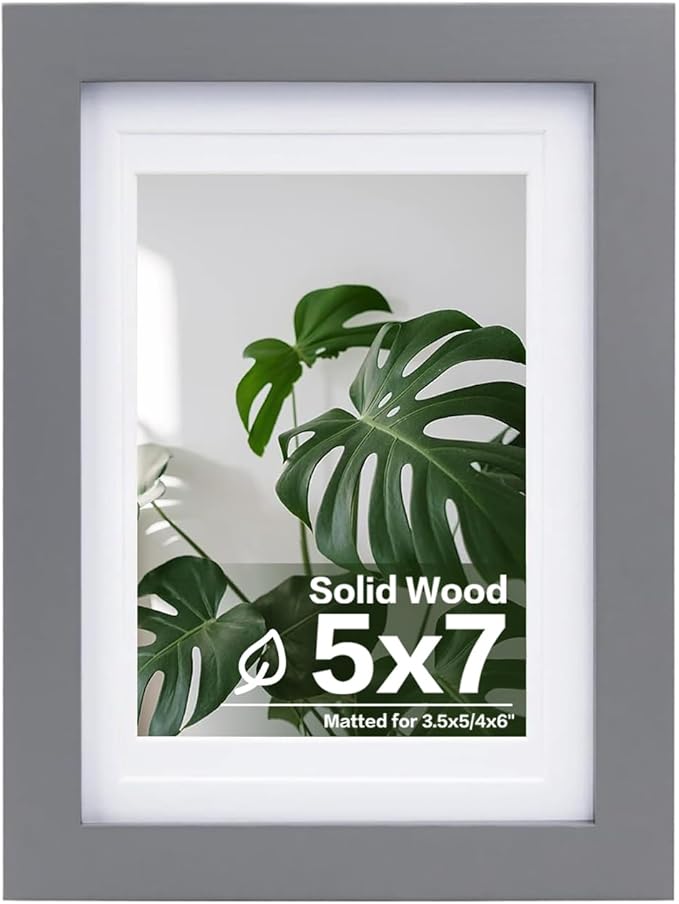 Egofine 5x7 Picture Frame Made of Solid Wood, Display Pictures 3.5x5/4x6 with Mat or 5x7 Without Mat Covered by Plexiglass for Table Top Display and Wall Mounting Photo Frame, Dark Gray