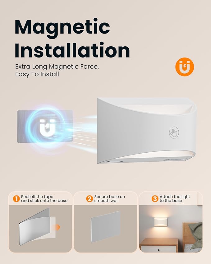 Brightown Battery Powered Wall Sconces Set of Two, Rechargeable Magnetic Wall Sconce with Remote Control, 3 Colors Wireless Up and Down Wall Mount Light for Hallway Bedroom Bedside Living Room(White)