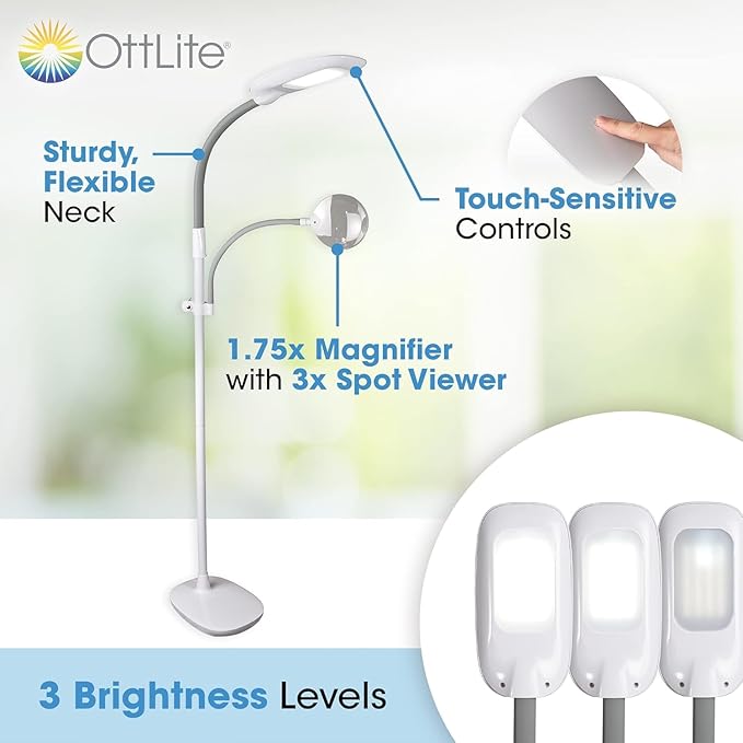 OttLite LED Floor Lamp with Optical Grade Magnifier - ClearSun LED Technology - 3 Brightness Settings, Adjustable Arm & Touch Sensitive Controls - Great for Sewing Table, Crafting, Home & Office