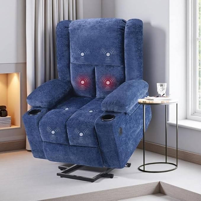 Electric Power Lift Recliner Chair,Reclining Chair with 8 Massage for Elderly,Recliner Single Sofa with 2 Cup Holders,Side Pockets,USB Charge Port,Remote Control for Living Room,Bedroom,Blue