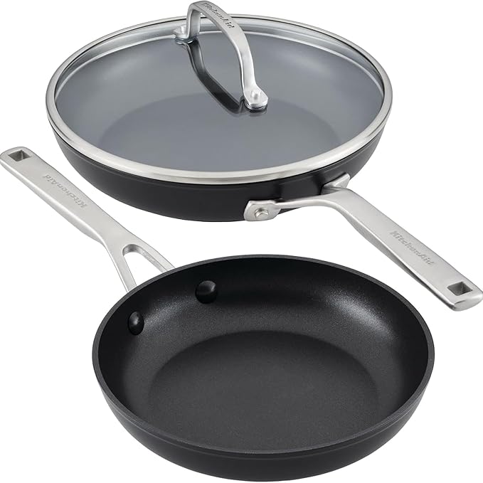 KitchenAid Hard Anodized Induction Nonstick Frying Pan Set With Lid, 3-Piece – 8 & 10 Inch Skillets, Durable, Even Heating, Dishwasher & Oven Safe, Easy-Clean, Matte Black