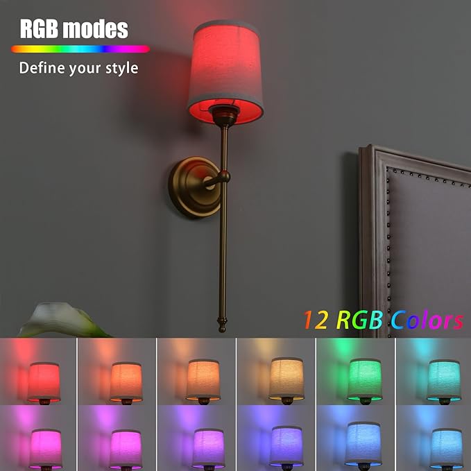 Battery Operated Sconces Wall Lighting Fixture Set of 2 with Linen Fabric Shade, RGB Color Changing USB Rechargeable Wall Mounted Lamp for Living Room Bedside Nightstand Light