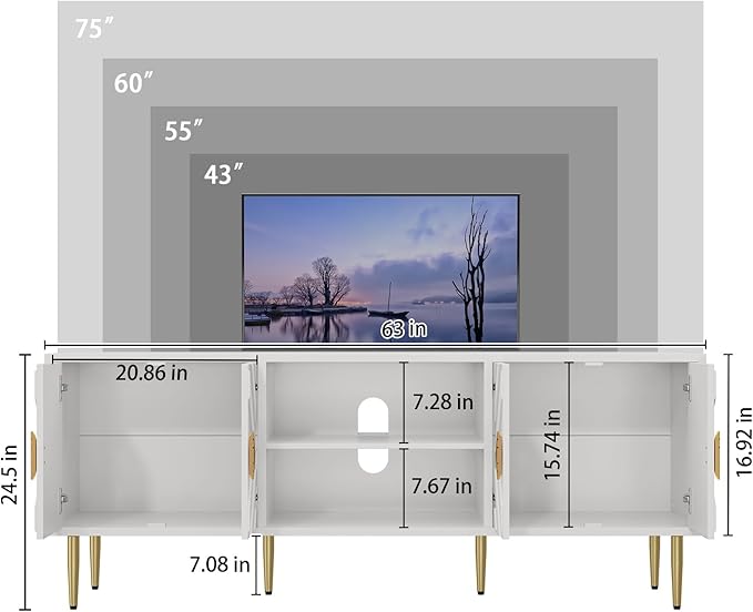 HLR 63'' White TV Stand for 65/70/75 inch TV, Entertainment Center with Storage Cabinets and Embossed Pattern Doors, Mid Century Modern Media TV Console Table for Living Room Bedroom