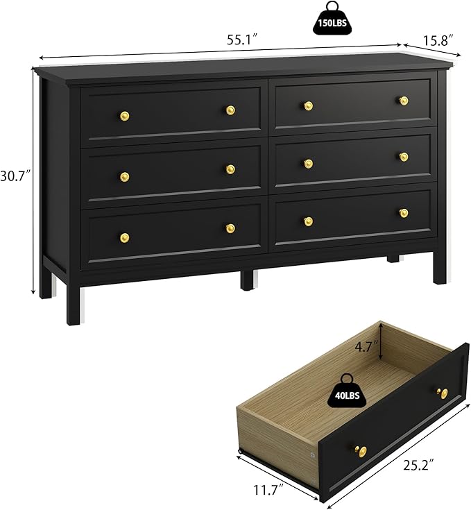 CARPETNAL Black Dresser for Bedroom, 6 Drawer Dresser with Wide Drawer and Metal Handles, 55" Black and Gold Dresser, Wood Dressers & Chests of Drawers for Hallway, Entryway.