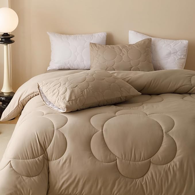 Luxlovery Cream Coffee Comforter Set Full Khaki Sunflower Bedding Comforter Mocha Coffee Bedding Comforter Set Floral Boho Farmhouse Quilted Soft Breathable Bedding Set Full Size