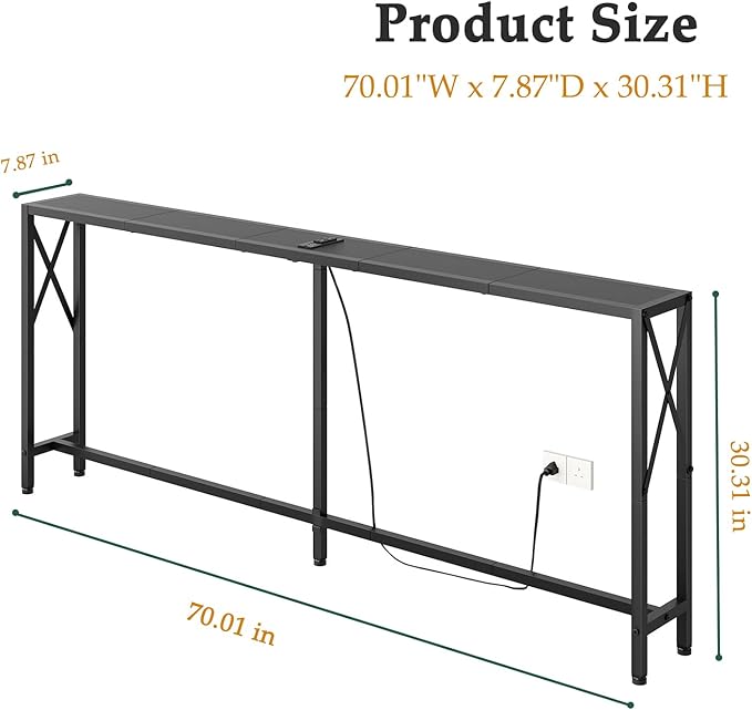 Console Table Narrow Long, Behind Couch Table with Oulets & USB Ports, Industrial Long Skinny Stand for Entryway,Hallway, Living Room, Bedroom Black, 7.9" D x 70" W x 24.8" H