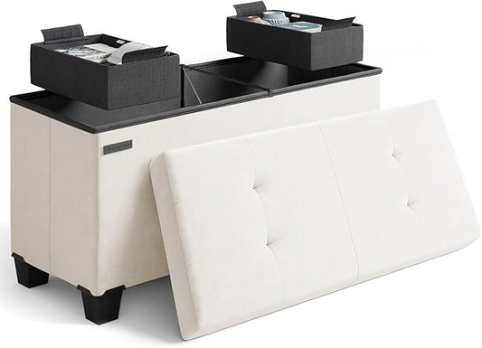 STORAGEBUD Storage Ottoman Bench with Bins, 30-in Storage Bench for Bedroom End of Bed, Folding Foot Rest Ottoman for Living Room Max 660lbs, Velvet Ottomans, Cream