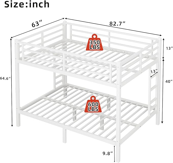 Queen Over Queen Bunk Bed Frame, Heavy Duty Metal Loft Bed for Adults/Teens, 350/600LB Capacity w/Ladder & Guardrail, Noise-Free Steel Slats, No Box Spring Required, White