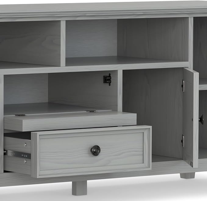 SIMPLIHOME Amherst 72-inch Wide Solid Wood TV Stand in Fog Grey, Transitional-Style Media Console for Living Room with Cable Management and Adjustable Shelves, Fits 80" TVs