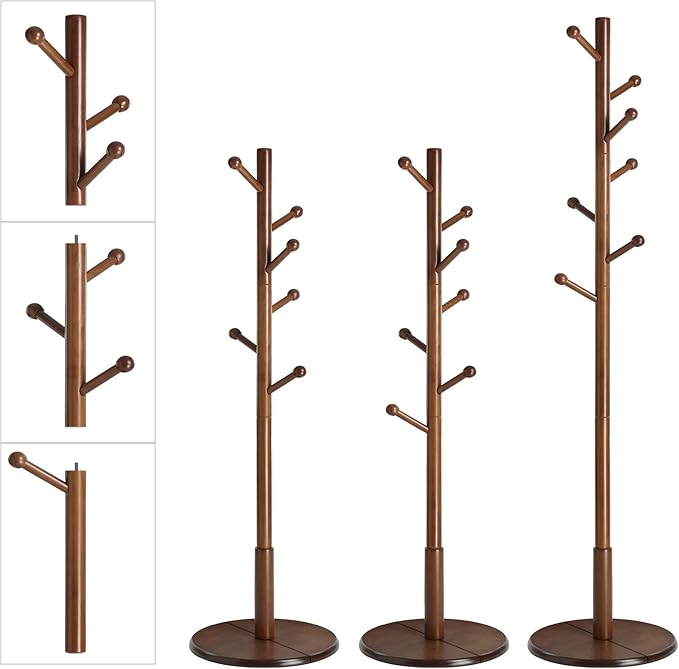 VASAGLE Solid Wood Coat Rack, Free Standing Hall Coat Tree with 7 Hooks, 3 Height Options, for Coats, Hats, Bags, Purses, for Entryway, Hallway, Rubberwood Hooks and Pole, Dark Walnut URCR07WN