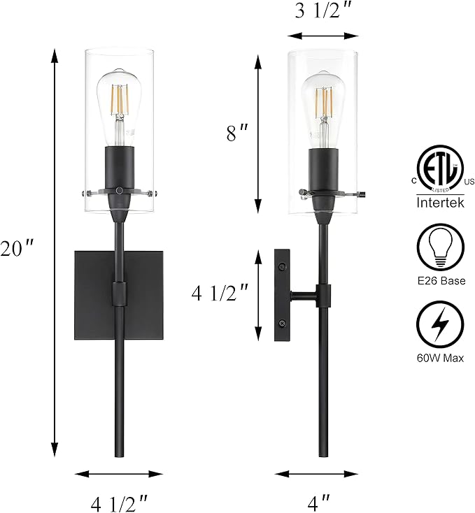 XiNBEi Lighting Black Wall Sconce Modern 1 Light Sconces Wall Lighting with Glass Shade Bathroom Sconces for Vanity & Living Room