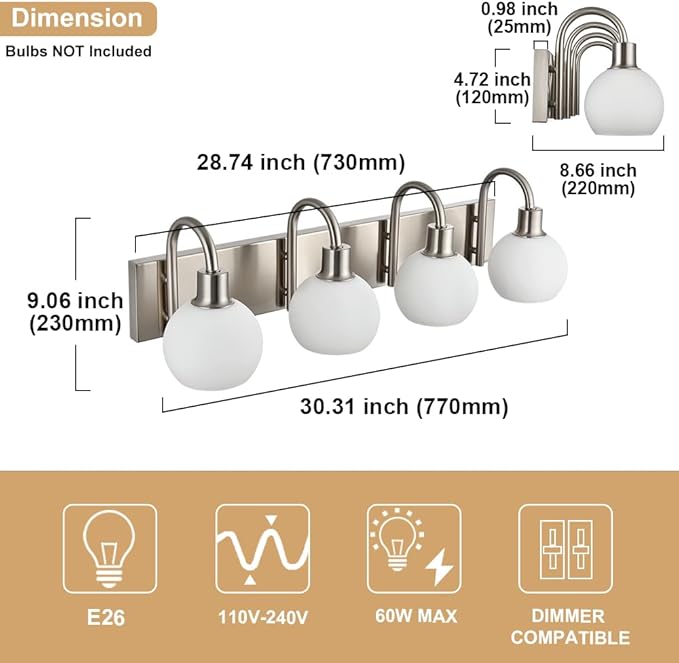 28.7 Inch Bathroom Light Fixture Brushed Nickel, Modern 4-Lights Vanity Light Over Mirror with Milk White Globe Shades, Wall Mounted Lamp for Hallway Kitchen