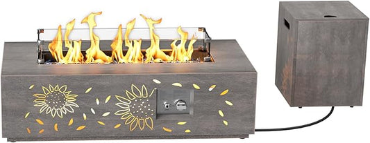 2-Piece 42" LED Rectangular Propane Fire Pit for Outside Patio with Hidden Tank Table, 50,000 BTU Fireplaces with Glass Wind Guard, Lid, Glass Rocks, Cover(Sunflower w/Warm Light)