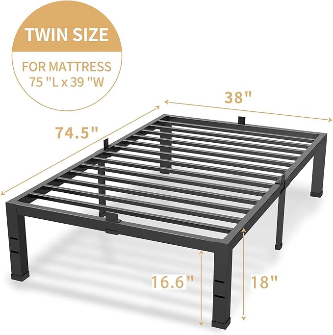 18 Inches Twin Bed Frames, Heavy Duty Metal Platform Bed Frame with Mattress Slide Stopper - Easy Assembly | Noise Free Bedframes | No Box Spring Needed