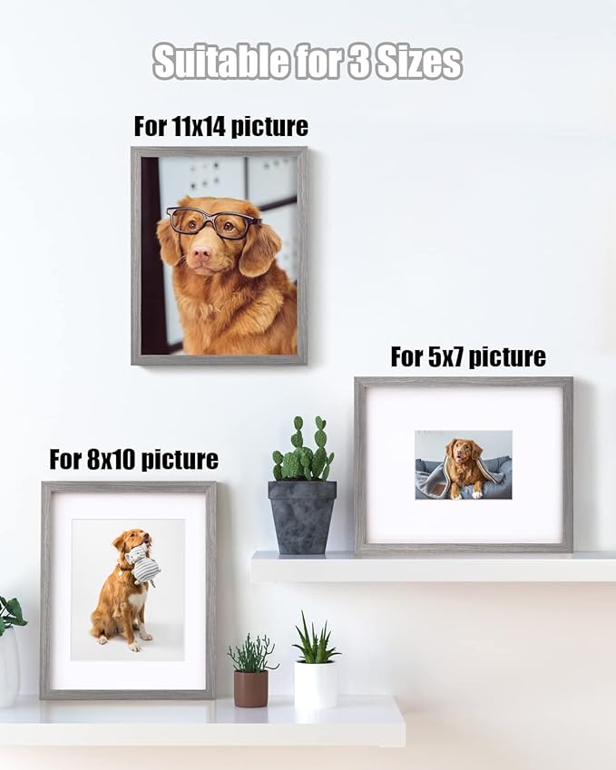 Egofine 11x14 Picture Frame Made of Solid Wood with Plexiglass, Display Pictures 5x7/8x10 with Mat or 11x14 Without Mat for Tabletop and Wall Mounting, Oak Grey