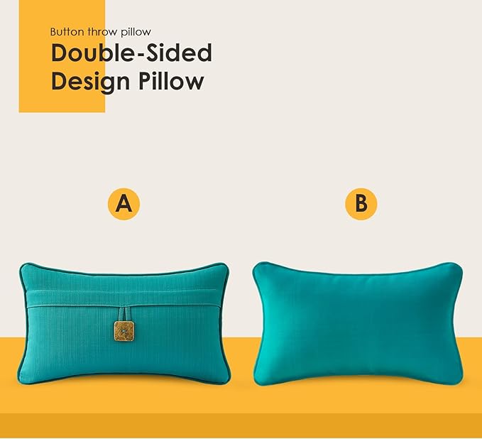 Outdoor Decorative Pillows with Coconut Button Pack of 4, 20" x 12" Outdoor Pillow Set for Couch Bed Throw Patio Sofa, Peacock Blue