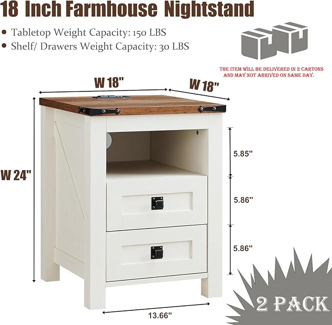 T4TREAM Farmhouse Nightstand Set of 2 with Charging Station, Rustic End Table with 2 Drawers, Storage Open Shelf for Bedroom, Living Room, Wood Side Table, Antique White