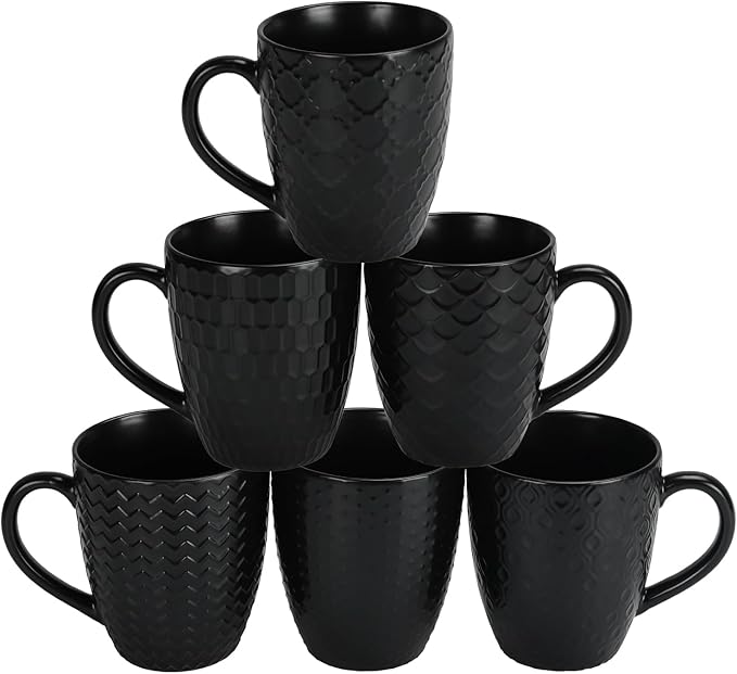 Schliersee 16 OZ Black Coffee Mugs Set of 6, Geometric Pattern Porcelain Coffee Cups for Latte, Hot Tea, Cappuccino, Mocha, Cocoa, Espresso cups, 500ML