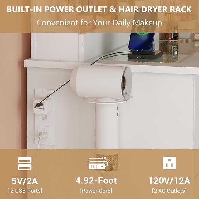 Vanity Desk with 38" Large Mirror and 9 LED Lights & Glass Top and Power Outlet, Adults Makeup Vanity with Chair and 7 Storage Drawers, Dressing Table Set for Bedroom, Modern White