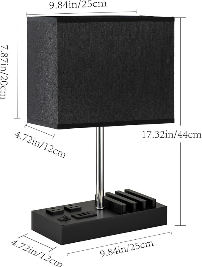 Briever USB Table Lamp, Multi-Functional Bedside Desk Lamp with 2 AC Outlets, 3 USB Charging Ports and Wooden Phone Stand Organizer, Ideal Nightstand Lamp for Bedroom, Black Shade