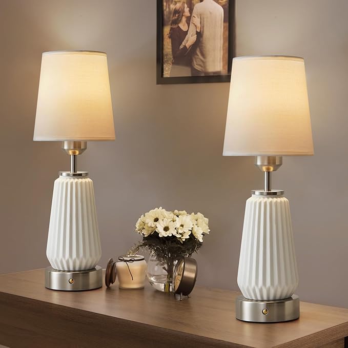 Farmhouse Ceramic Cordless Table Lamp Set of 2 with 4000mAh Rechargeable Battery Touch Dimmable Bedside Lamp for Bedroom, Living Room Portable Night Light with LED Bulbs Included,Silver