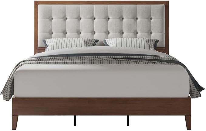 Jocisland Wood Queen Size Bed Frame,Tall Upholstered Tufted Headboard, Solid Wood Platform, No Box Spring Needed, Walnut