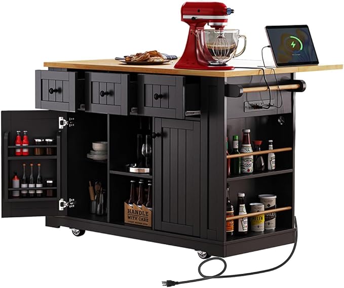 Rolling Kitchen Island with Storage, Kitchen Cart on Wheels with Drop Leaf, Mobile Kitchen Storage Cart with Power Outlet, Open Side Racks, 53 Inch Width, Three Drawers (Black)