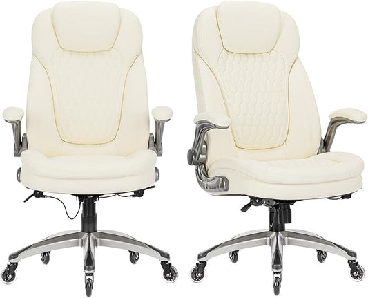 Executive Office Chair-Ergonomic Computer Desk Chair, High Back Leather Chair Swivel Home Office Chair with Upgraded Casters-Ivory, Set of 2