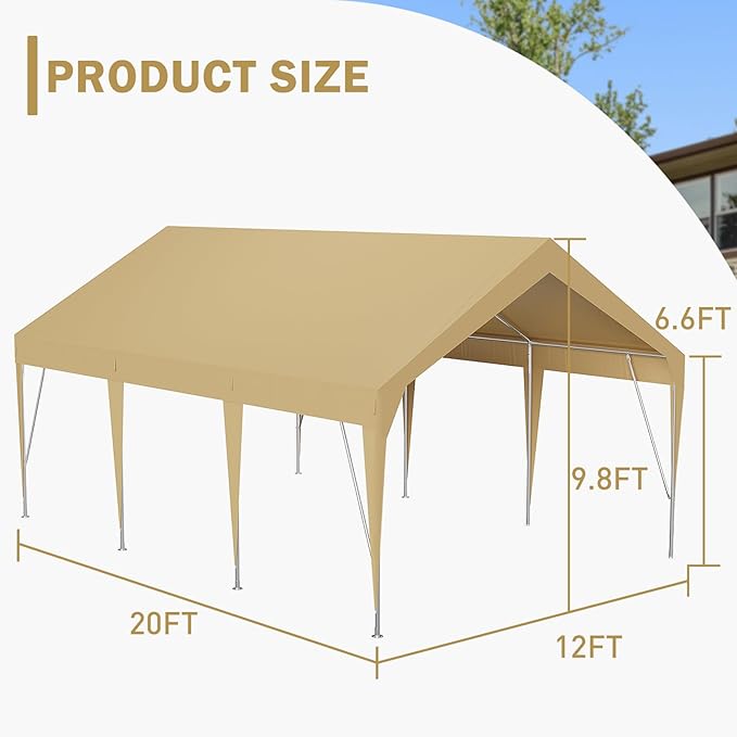 10x20FT Heavy Duty Carport Canopy with Sturdy Frame, Portable Waterproof and UV-Resistant Garage Shelter, Adjustable Height for Car, Boat, Outdoor Storage and Parties Yellow