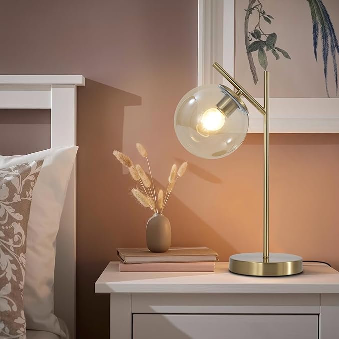 Mid Century Modern Table Lamp Gold Globe Nightstand Lamp with Cognacs Glass lampshade Metal Brass Desk Lamp for Bedroom Living Room Study Room