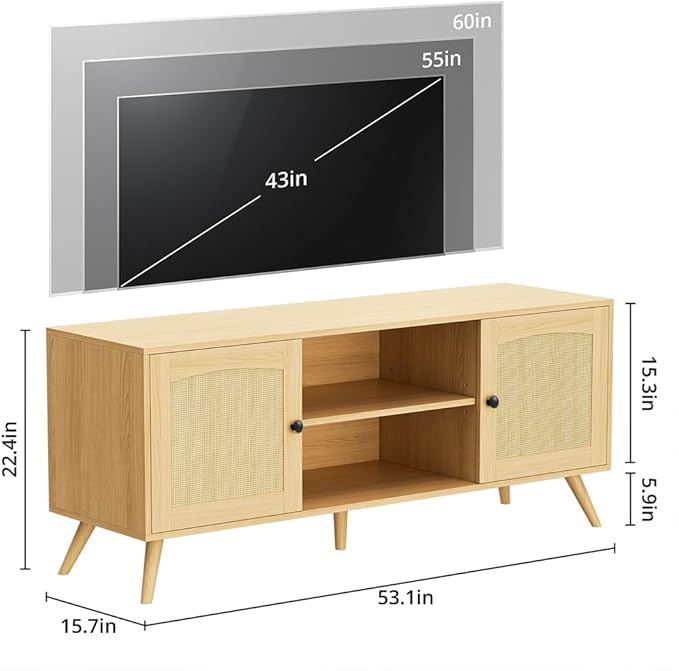 Mid Century Modern Rattan TV Stand for 60" TV - Boho Entertainment Center with 2 Natural Rattan Doors for Living Room, Oak