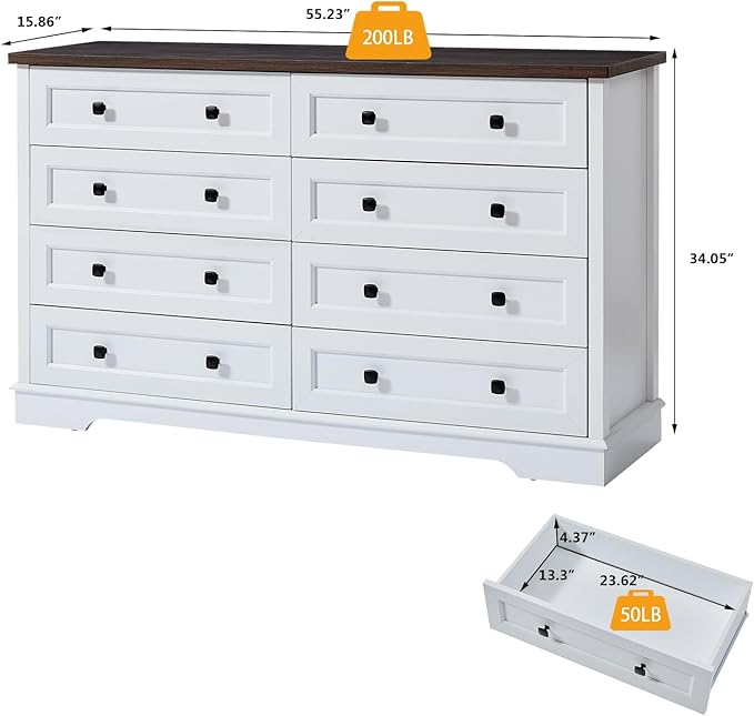 SOOWERY Dresser for Bedroom, Farmhouse Dresser with 8 Wooden Drawers and Storage Cabinet, 55 Inches Wide Chest of Drawers for Bedroom, Living Room, Hallway, White