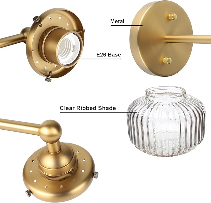 Yosoan Brass 1-Light Indoor Modern Wall Sconce, Vanity Boho Modern Gold Single Vintage Industrial Wall Mount Fixture with Striped Glass Shade for Bathroom Kitchen Mirror Bedroom Dinning Room(Antique)