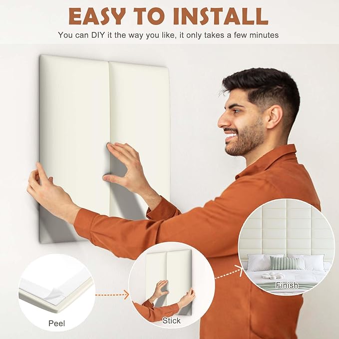 IFNOW Wall Mounted Upholstered Headboard Full, 3D Peel and Stick Soundproof Wall Panels, Reusable and Removable Padded Headboard Leather Bed, 6 Panels 9.84" x 23.62", Beige