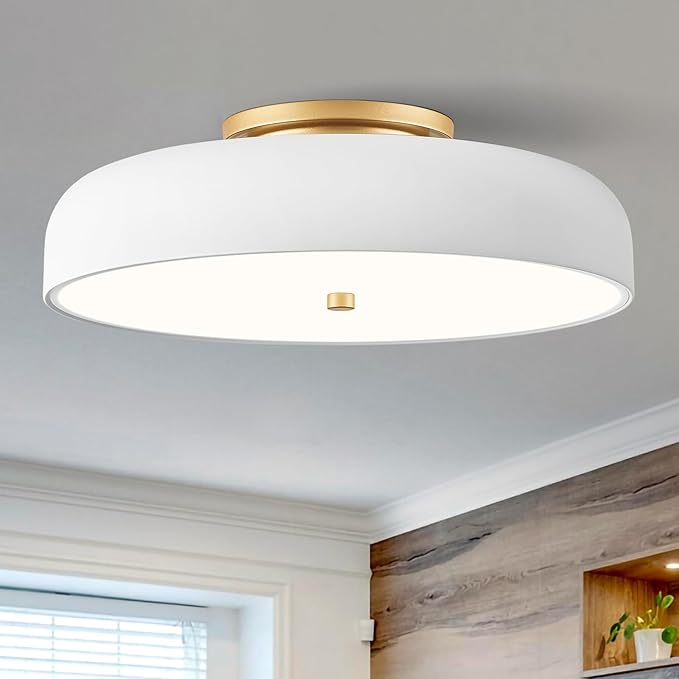Dimmable LED Ceiling Light Fixture, 2700K-6000K 5CCT Modern Mid-Century Semi Flush Mount Ceiling Light, White Close to Ceiling Lamp for Bedroom, Living Room, Kitchen, Laundry Room, 15.7in